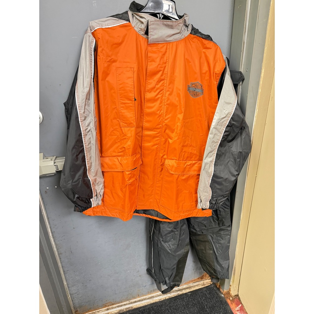 Harley-Davidson Mens XL Rain Suit Jacket Pants Orange Black Reflective 2PC Set